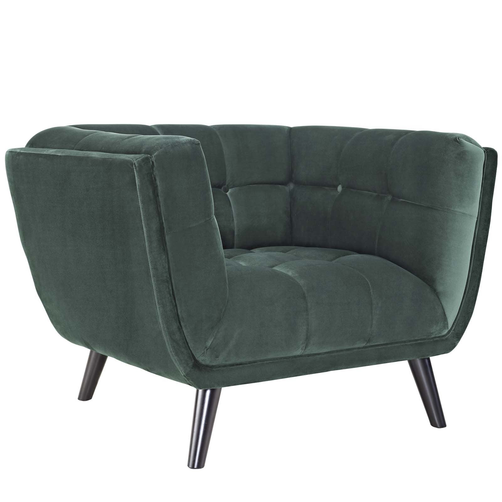 Modway Bestow Mid-Century Performance Velvet Upholstered Tufted Accent Lounge Chair in Green